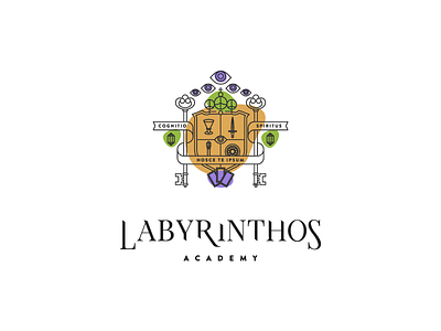 Labyrinthos Academy Logo branding crest education eyes illustration key logo occult ribbon school stroke tarot