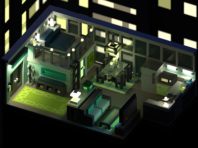 City Loft 3d color interior isometric magicavoxel rendering room simple turquoise voxel