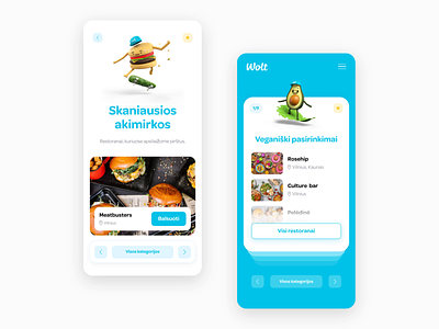 WOLT awards, mobile home and inner pages 3d animation blue category colour delivery food graphic design inner interaction interface mobile motion graphics restaurant scroll swipe ui