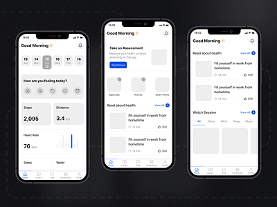 🧘‍♂️ 🧠 Health Dashboard, Assessment Test and Chat | Wireframes assessment chatbot health ios mental health mental health ui minimal ui health ui health care wireframes
