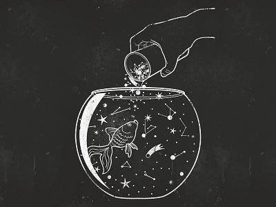 Space's Goldfish - Poster black bw concept digital art fish illustration line space texture