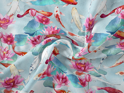 Lily Pond | Watercolor Koi Fish set design fabric fish flowers garden illustration koi lily pattern seamless textile watercolor