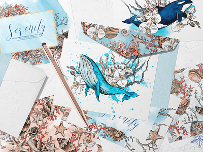 SERENITY | Watercolor ocean set design flowers graphic design illustration ocean pattern sea seashells surface watercolor