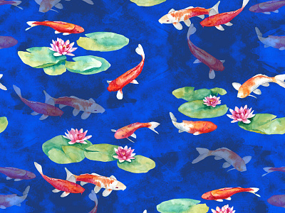 Koi and Water Lilies Pattern koi lilies pattern tatyanakomarovaart water watercolor