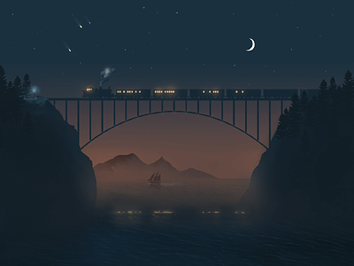 Trainride bridge dusk moon night river sunset train