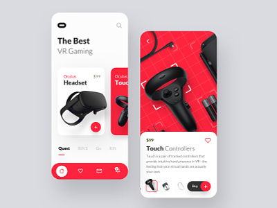 Oculus VR App app app design branding color concept app design explore guicon minimal minimal app minimal app design oculus red redesign shop app trend 2019 trending ui ux vr