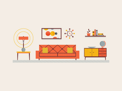 Mid Century Living Room couch furniture globe infographic lamp livingroom vector vintage
