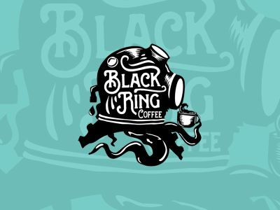 Black Ring Coffee black coffee design divehelmet logo nautical ocean octopus sea vintage white