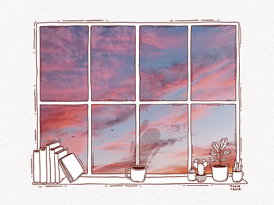 Watching the sun painting clouds and sky books digital art editorial illustration graphic home illustration sky sunsets window windowsill