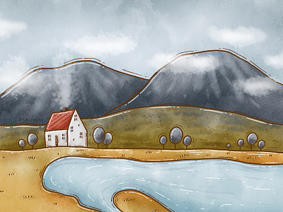 Nordic digital digital art drawing fields house illustration lake landscape mountain nature nordic