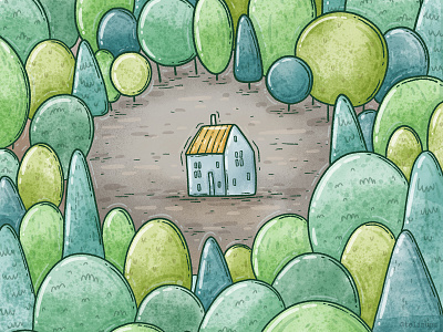 in the woods alone cabin cute forest green house illustration trees woods