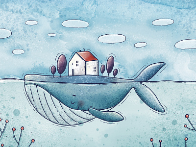 forever journey 2d art blue digital digital art drawing hand drawn home house illustration isolation whale