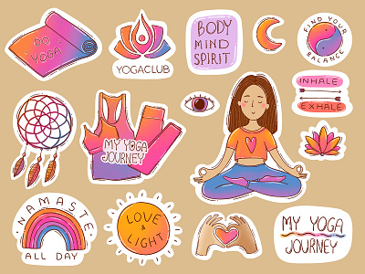 Sticker set for YogaClub bright colors dreamcatcher eye hand drawn illustraion love meditation namaste peaceful sticker design stickers woman yinyang yoga yoga mat yoga pose