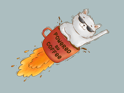 Powered by coffee boost cat coffee energized fueled handdrawn illustration powered print rocket tshirt art