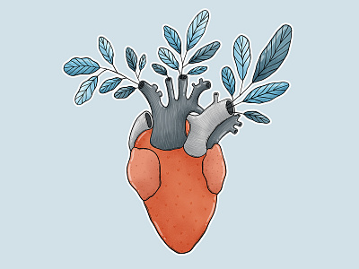 Bloomy Heart 2d anatomical heart art blue digital art grey hand draw heart illustration leaves print red