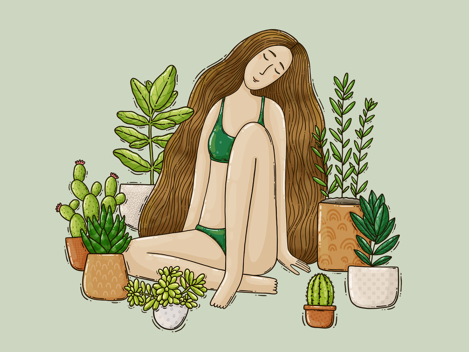 Pant Girl 2d calm digital art drawing gardening green vibe illustration plant plants