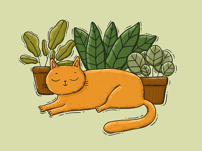 Indoor slumber 2d cat digital art handdrawn idoor illustration nap plants tshirt design