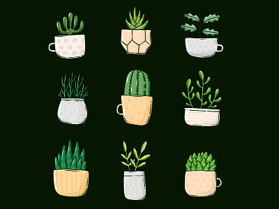 Plants in pots and mugs 2d cactuses green greenery handdrawn illustration indoor plants plant plants potted plant tshirt design