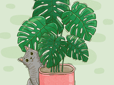 Secret agent cat digital art green illustration indoors monstera plant spying