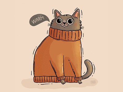 Warm auburn autumnal big eyes cat chonk cute fall illustration peachtober pet sweater textures warm