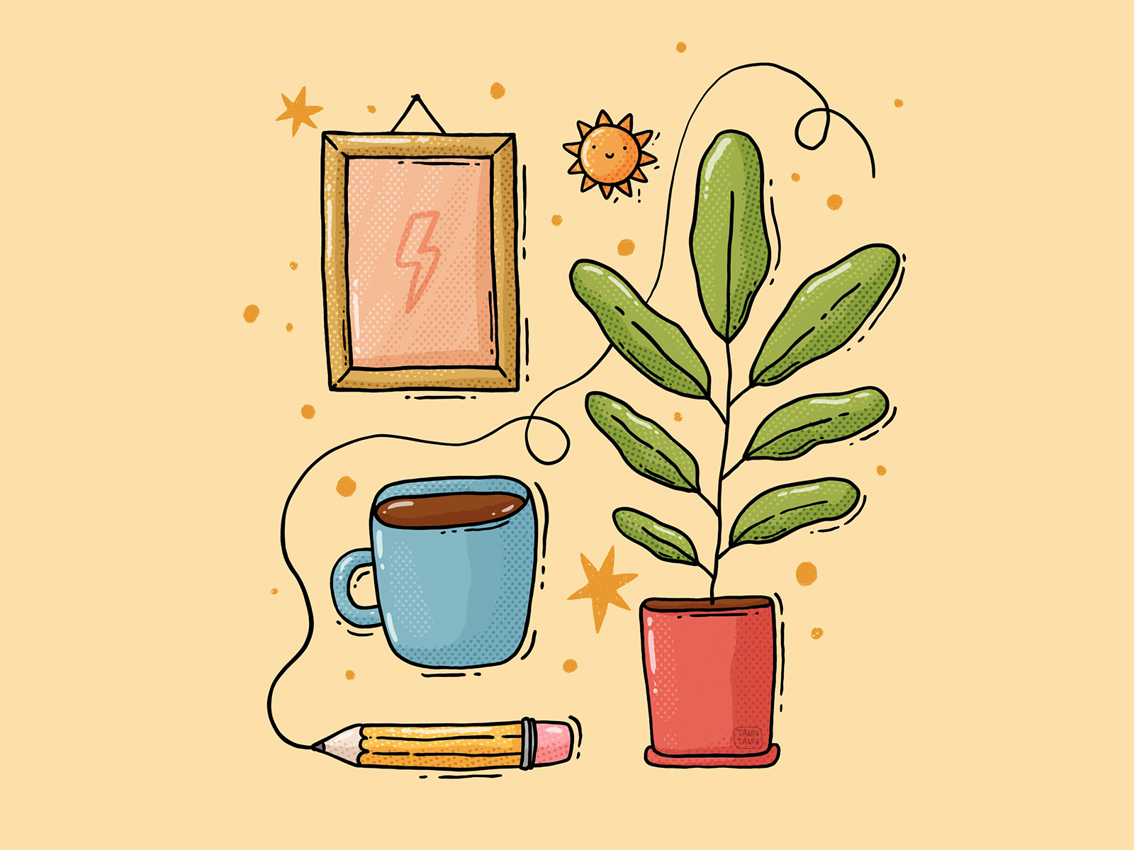Things 2d coffee cup digital art frame illustration mug pencil plant set sun things