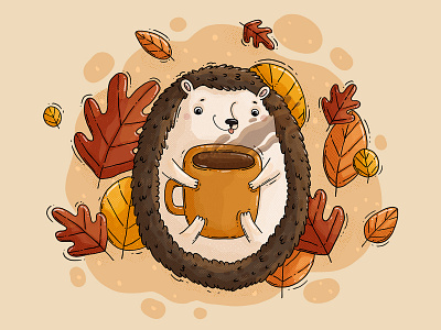 Warm Hedge 2d autumn big mug coffee cup fall hedgehog illustration leaves warm