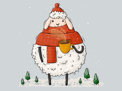Warm Sheep 2d beanie coffee cup digital art festive hat illustration mug scarf sheep snow warm winter