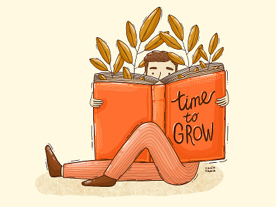 Time to grow book bookworm contemporary editorial growth illustration man print design reader sprout textures