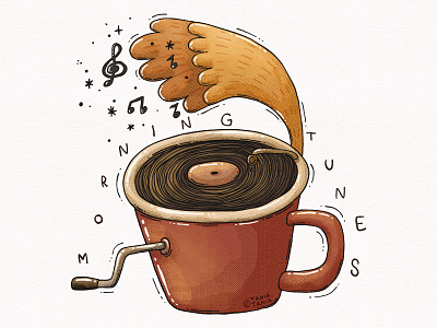 Morning Tunes coffee cup illustration morning mug music notes record player sound tune