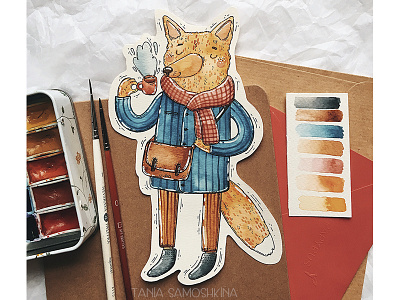 take a break animal character design coffee colorful cute foxy illustration painting watercolor