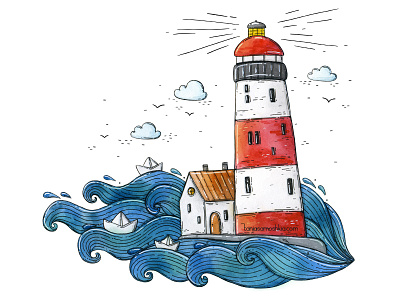 By the sea 2d art illustration lighthouse sea traditional art watercolor waves