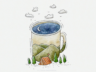 Camping alone camping hand draw illustration mug night sky travel watercolor