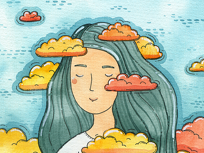 Mindless art clouds cute drawing dreamy girl green hair illustration mindless watercolor