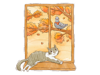 Autumnal cat autumn bird cat digital digitalart fall illustration illustration digital pidgeon trees window