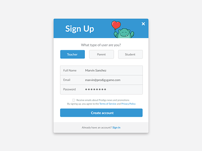 Prodigy Sign-Up clean design dialog flat form interface login modal modern registration ui ux