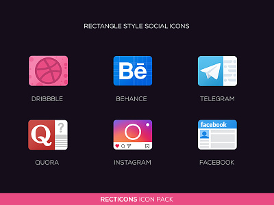 Rectangle Social Icons with rich details. behance dribbble facebook iconpack icons instagram quora rectangle icons recticons telegram