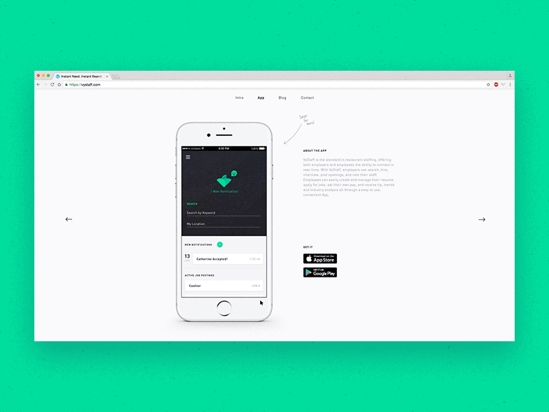Splash Page for a Hiring App animation app clean green hiring interaction mint motion staffing ui ux website