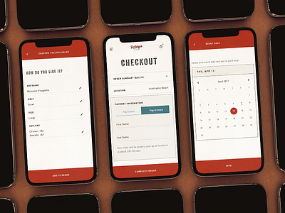 Rodrigos - Mobile Ordering and Reservations calendar checkout customize event iphone mockup order reservation restaurant ui ux