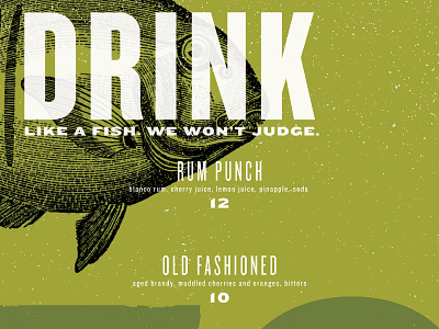 Drink Fishy bar drink menu drinks fish green knockout local menu nautical vintage illustration wisconsin