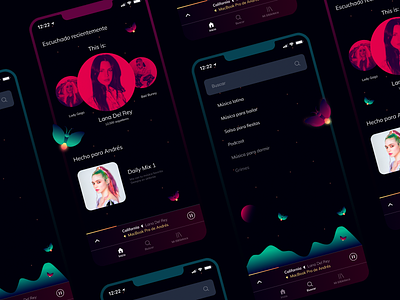 Spotify's Magical Night UI Redesign app dark dark mode design gradiant illustration magical music negative negative mode night spotify ui ui ux design ui design