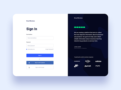 Smart.Reviews - Log In clean design agency designagency log in log in screen ui uidesign uidesigner uiux uiux design uiux designer uiuxdesign uiuxdesigner userinterface web deisgn web design web designer webapp webdesign website design