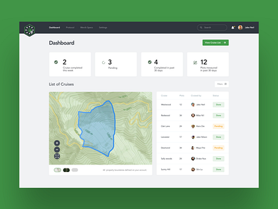 Canopy Dashboard - Cruise Management App cards choose dashboard filter forest green layout list map tree widget wood