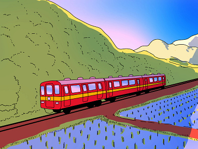 Countryside train digital art illustration landscape train