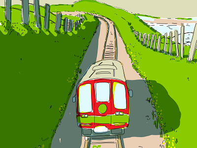 Countryside digitalart illustration japan landscape train