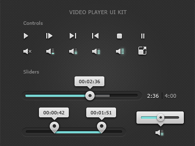 Video Ui Kit black clean dark icon icons kit player scrub slider teal ui ui kit video volume web