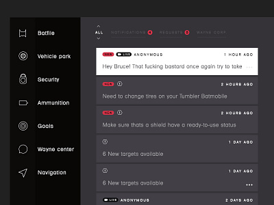 Batman Notification center concept batman messages notification sidebar ui