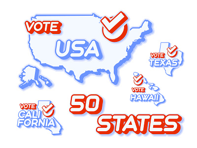 Set of US 50 vote states map 50 states america check choice election flat illustration map presidential presidential election state sticker typography us usa usa flag vector vote vote 2020