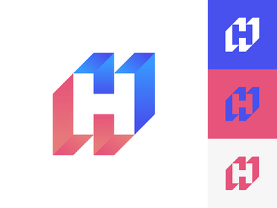 Hisometric blue double gradient h isometric letter logo logotype pink simple symbol top two