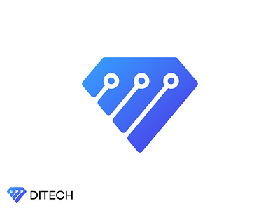 Ditech app blue brilliant chip computer connect connection design diamond dot electronic line logo logotype service simple tech technology three