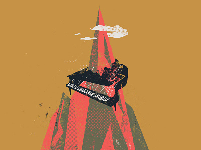 A piano impaled on a mountain band clouds illustration piano tee texture